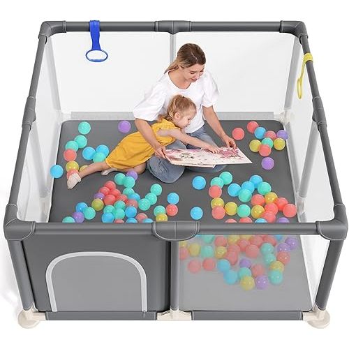 Baby Playpen 47×47 Inch, Small Playpen for Babies and Toddlers Playards Indoor & Outdoor Safety Gate Floor Play Pen, Baby Play Area with Soft Breathable Visible Mesh, Anti-Fall, Grey