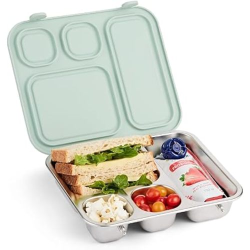 Elk and Friends Kids Stainless Steel Bento Box with Silicone Lid | Leak-proof | Toddlers Lunch Container | 4 Compartments | Dishwasher Safe