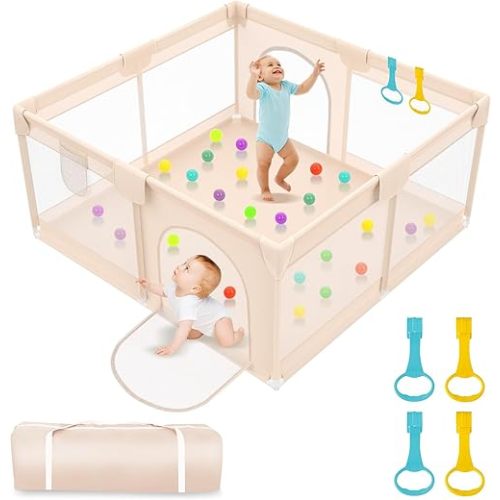 50x50 - Playpen for Babies and Toddlers 50x50 inch - Extra Large Baby Gate Playpen with Soft Breathable Mesh Cover - Indoor and Outdoor Baby Playpen - Portable Playpen for Babies (Apricot)