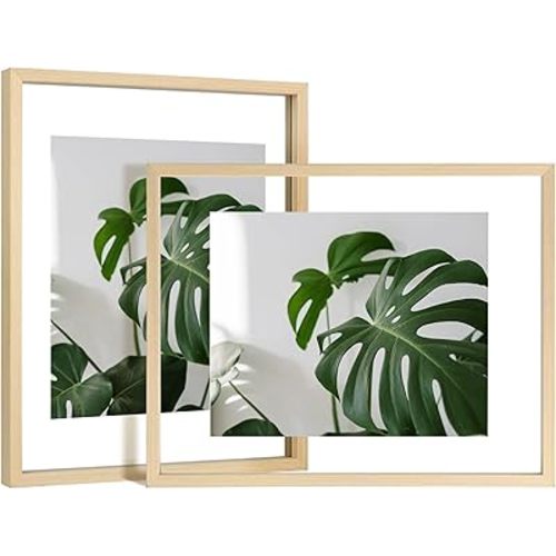 Egofine 11x14 Floating Frames Set of 2, Double Glass Picture Frame, Made of Solid Wood Display Any Size Photo up to 11x14, Wall Mount or Tabletop Standing, Natural Wood
