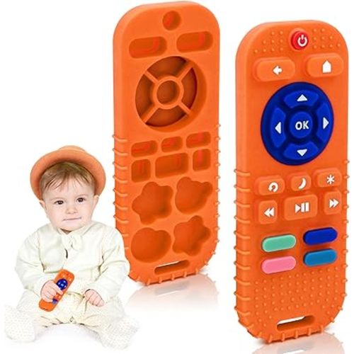 AiTuiTui Baby Teether for Teething Relief Baby Toys 3 6 9 12 Months, Silicone Baby Teether Toy for Babies Remote Control Newborn Infant Boy Girl Autism for Baby Gifts, Orange