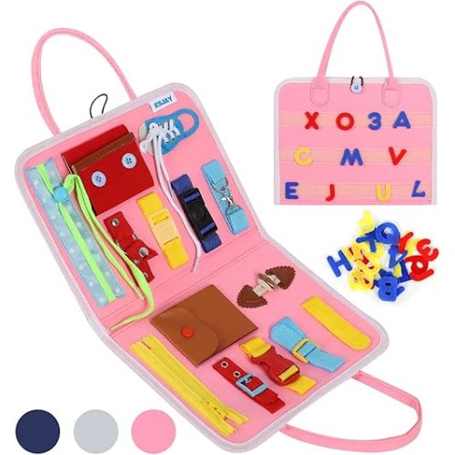 Esjay Busy Board for Toddlers, Montessori Toys to Learn Fine Motor Skill, Sensory Board, Toys Gifts Girls Boys, Toddler Learning Activities for Travel Airplane,Pink Alphabet
