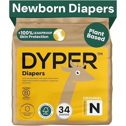 DYPER - Baby Diapers Hypoallergenic Cloth Alternative Day & Overnight Protection - Made with Plant-Based* & Skin-Friendly Ingredients - Size 0 (34 Count)