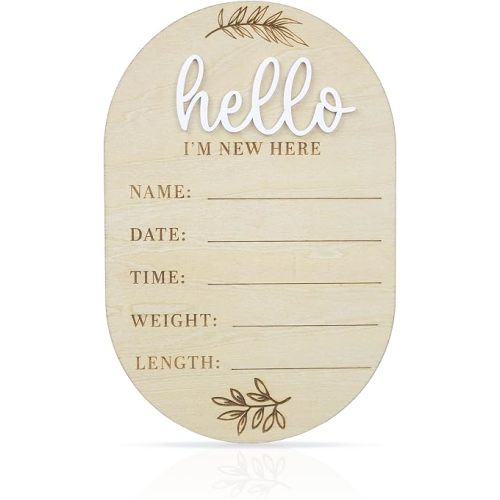 Baby Announcement Sign 6.5 Inch Wooden Hello World Newborn Welcome Sign Birth Name Plaques for Photo Props Baby Shower Hospital Nursery (OVAL)