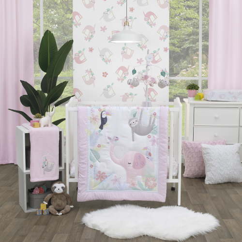 Little Love by NoJo Tropical Garden 3-Pc Mini Crib Bedding Set, Pink Jungle Animals