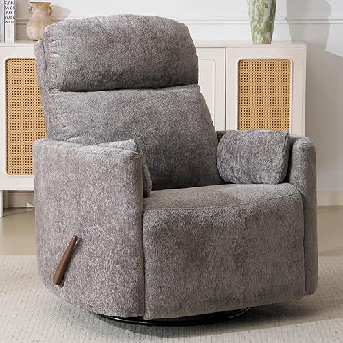 Oversized Swivel Rocker Recliner Nursery Recliner with Adjustable Headrest Manual Rocker Recliner Chair with Two Removable Pillows, Rocking Nursery Chair, Dark Grey