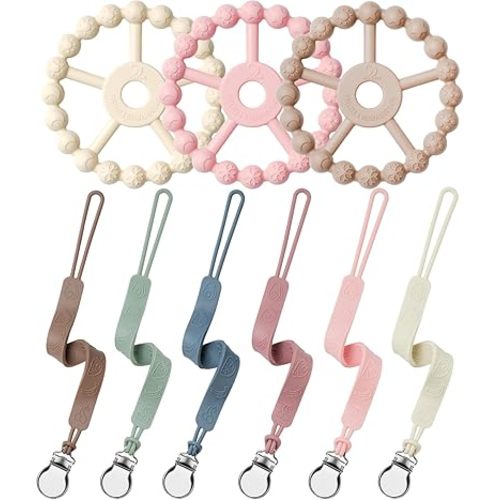 3 Silicone Ring Teether and Pacifier Clip, Seposeve Pack of 6 Baby Pacifier Teether Clip for Babies 0-6 Months, Teething Ring Toys, Keeps Teethers Clean, 6-12 Months 12-24 Months