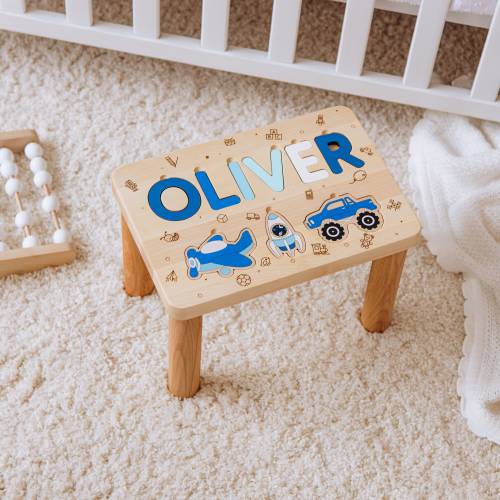 Personalized Name Puzzle Stool Toddler Step Stool 1 2 Year Old Gift Baby Boy Birthday Gift Wooden Toddler Chair Baptism Boy First Christmas