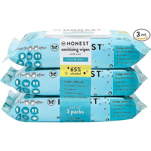 The Honest Company Sanitizing Alcohol Wipes | Kills 99% of Germs, Made With Aloe | Unscented, 150 Count (3 Packs of 50)