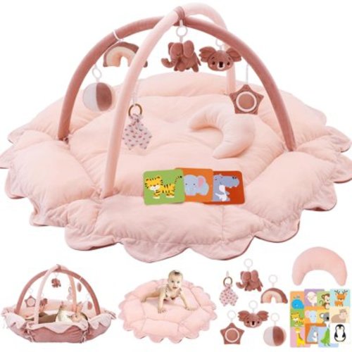 5-in-1 Plush Baby Play Gym, Baby Play Mats, Convertible Baby Gym with Pillow, Tummy time mat, 6 Sensory Toys, Baby Activity Center from Newborn to Toddler, Pet Bed, Cat & Dog Bed, Ball Pit, Pink