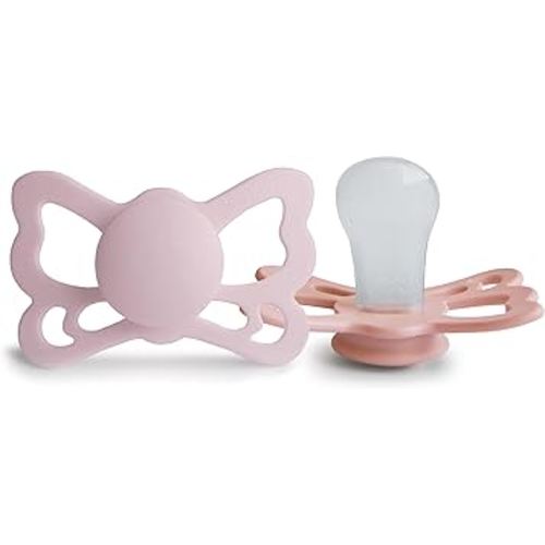 FRIGG Butterfly Anatomical SilkySoft Silicone Baby Pacifier | Made in Denmark | BPA-Free (Pretty in Peach/Primrose, 6-18 Months)