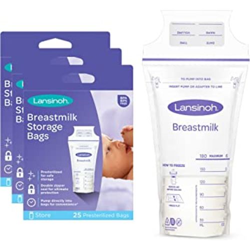 Lansinoh Breastmilk Storage Bags, 75 Count, 3 Packs of 25 Milk Bags, 6 Ounce, Easy to Use Milk Storage Bags for Breastfeeding, Presterilized, Hygienically Doubled-Sealed for Refrigeration and Freezing
