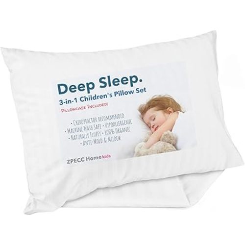 ZPECC Toddler Pillow with Pillowcase - 13 x 18 Organic Pillows for Sleeping, Soft Breathable Small Kids Pillow for Crib, Toddler Bed, Travel, White Stripe (Intended for Age 2 and up)