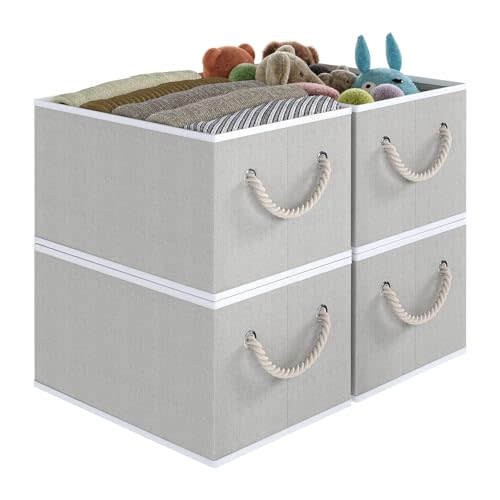 COYACOOL Fabric Storage Bins 4-Pack, Collapsible Storage Baskets for Organizing Toys, Books, Shelves, Closet, Linen Storage Boxes, Decorative Storage Baskets with Rope Handles, Grey