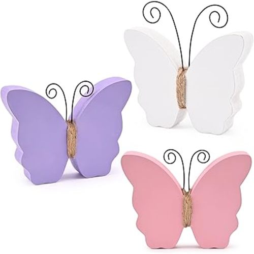 Butterfly Decorations for Home, Set of 3 Rustic White Pink Purple Butterfly Decorative Accessories, Decorative Trays, Farmhouse Spring Ornaments for Tiered Tray, Shelf, Fireplace, Table Decor