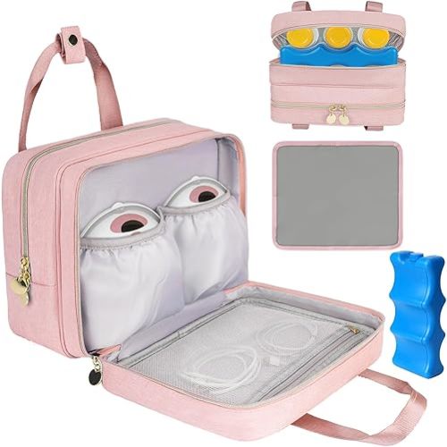 Wearable Breast Pump Bag with Cooler Compartment Compatible with Momcozy M5/S12 Pro, Elvie & Medela Pump in Style, Carrying Case with a Ice Pack & Waterproof Mat for Breast Pump and Accessories,Pink