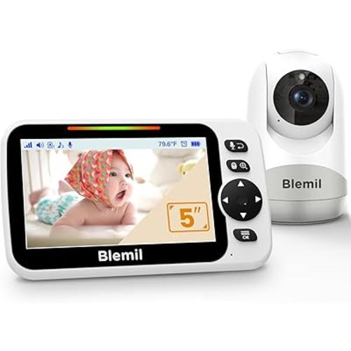 Blemil Baby Monitor with 30-Hour Battery, 5" Large Split-Screen Video Baby Monitor with Camera and Audio, 3500mAh Battery, Remote Pan/Tilt/Zoom Camera, Two-Way Talk, Night Vision, Lullabies, No WiFi