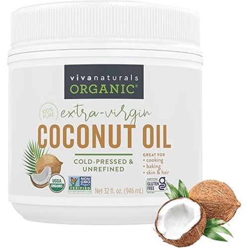 Viva Naturals Organic Coconut Oil - Unrefined and Cold-Pressed, Natural Hair Oil, Skin Oil and Cooking Oil with Fresh Flavor, Non-GMO Extra Virgin Coconut Oil (Aceite de Coco), USDA Organic, 32 Fl Oz (Pack of 1)