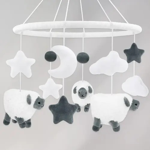 Sheep Baby Crib Mobile Lamb Nursery Mobile Neutral Farm Animal Hanging Decor with Furry Scottish Sheep Clouds Moon Stars Newborn Gifts for Infants Little Boys Girls Bedroom Living Room (Grey)