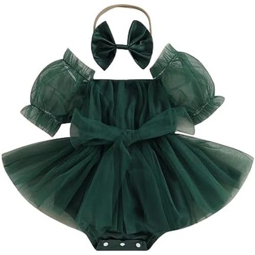 KMBANGI Newborn Infant Baby Girl Romper Dress Puff Sleeve Bow Belt Tulle Princess A-Line Dress Headband 2PCS Set Birthday