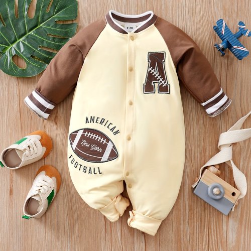 Yierying Unisex Baby Rompers, Vintage Football Embroidery, Casual Style, Polyester Knit, Regular Fit, Spring/Autumn Season, Neutral Gender, Infant Bodysuit with Snap Closure, For Outdoor