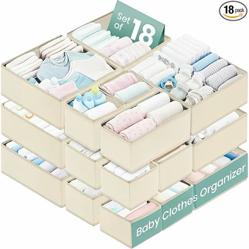 RFAQK Dresser Drawer Organizer Clothes-18 Pack Underwear Clothing Drawer Organizer for Baby, Nursery, Closet-Foldable Fabric Drawer Dividers for Bedroom, Storage Bins for Bra, Socks, Belt, Tie-Beggie