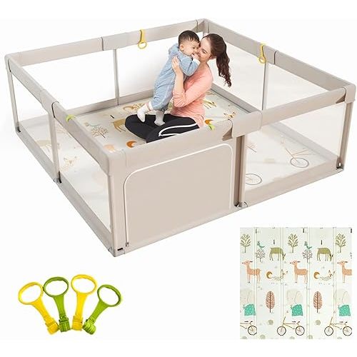 Mloong Baby Playpen with Mat, 59x59 Inches Extra Large Playpen for Babies and Toddlers, Indoor & Outdoor Activity Center, Safety Baby Fence with Gate