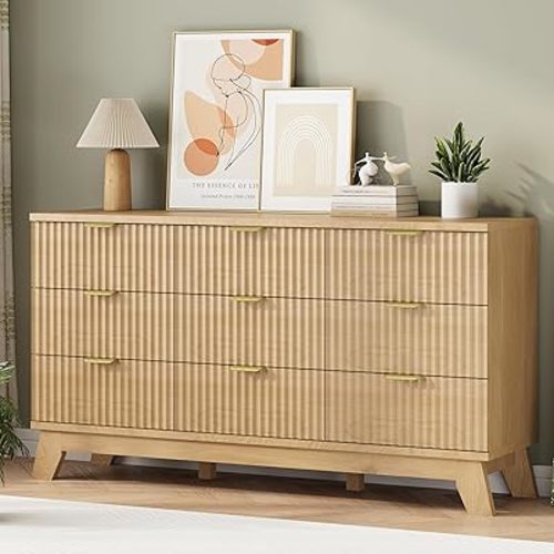 Fluted Dresser for Bedroom with 9 Drawers, 57" Wide Modern Chest of Drawers with Metal Handle, Wooden Dresser TV Stand, Wood Closet Clothes Storage Organizer for Living Room, Hallway, Natural Oak