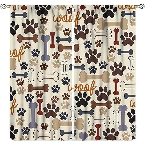 Dog Paw Print Blackout Curtains, Cartoon Dog Paw Print and Bones Window Treatment Thermal Insulated Curtain for Living Room Bedroom 2 Panels Set, 42x45 inch