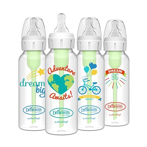 Dr. Brown's Natural Flow Anti-Colic Options+ Narrow Baby Bottle, Dream Adventure, 8 oz/250 mL, with Level 1 Slow Flow Nipple, 0m+, 4 Count (Pack of 1) - 8oz, Dream Adventure