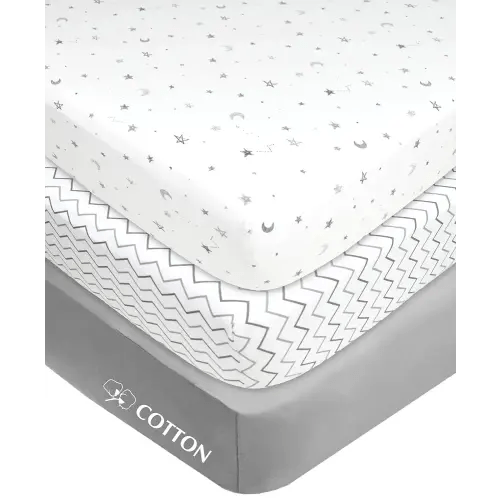 American Baby Company 3 Pack 100% Natural Cotton Fitted Mini Crib Sheets 38" x 24" - Soft & Breathable Small Nesting Portable Sheets, Fits Pack N Play Mattresses, Gray Star/Zigzag, for Boys & Girls