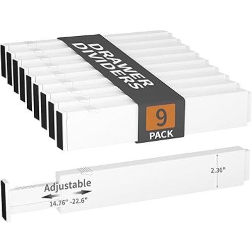 Drawer Dividers 9 Pack, 2.36" High, 14.76-22.6" Adjustable Drawer Divider for Clothes, Plastic Dresser Organizer for Bedroom, Closet, Clothes, Office, Kitchen Storage