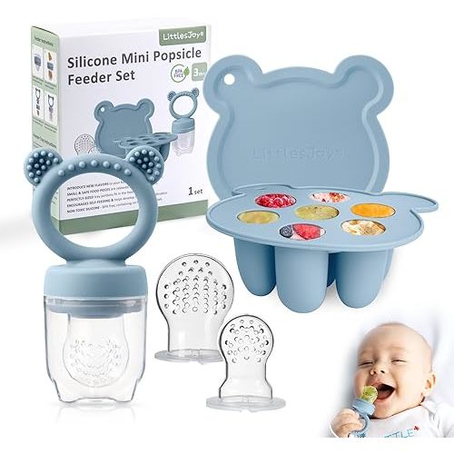 Silicone Baby Food Feeder & Freezer Tray Set, Self Feeding Teething Toy, Breast Milk Popsicle Mold, BPA Free for 3+ Months, Additional Silicone Pouches