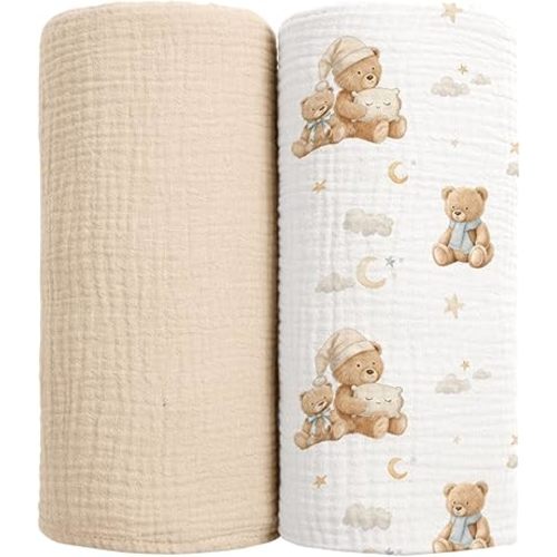 lulumoon Muslin Swaddle Blankets for Baby: Soft Cotton Newborn Receiving Blankets - Plaid Print Nursery Gift Set for Baby Girls(Bear)