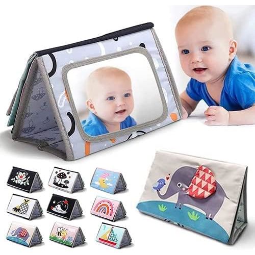 Baby Mirror Toys for Tummy Time, Newborn Infant 0 3 4 6 12 Months Old Boy, Girl Gift. Brain Developmental Montessori Sensory High Contrast Crinkle Book w Safe Mirror for Floor, Crib, Car, Bouncer