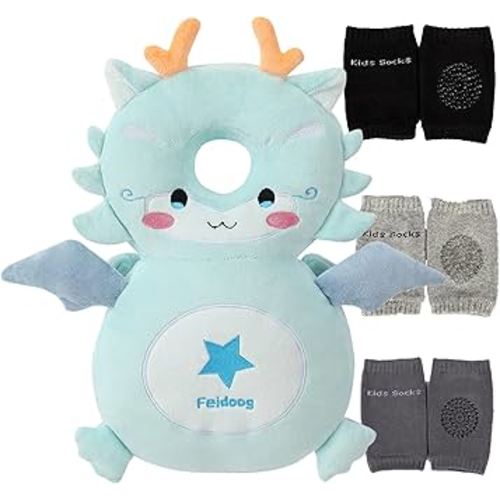 Feidoog Baby Head Protector Cushion Backpack with 3 Knee Pads for Walking & Crawling,Blue Dragon
