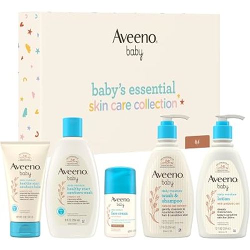 Aveeno Baby Essential Skincare Gift Set, 5-Piece Collection with Baby Wash and Shampoo, Daily Moisture Body Lotion, Face Moisturizer & Newborn Wash and Baby Balm, Gentle Daily Care for Sensitive Skin