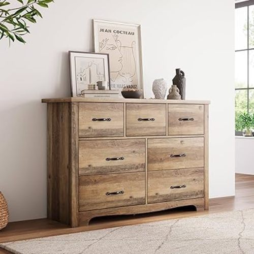 LINSY HOME 7 Drawers Dresser for Bedroom, 47" Wide Rustic Wood Dressers & Chests of Drawers, Modern Farmhouse Storage Dresser with Antique Handles for Closet, Living Room, Hallway, Rustic Brown