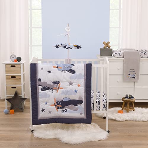 NOJO Little Love Soar High Little One Navy, Light Blue, Orange, and White Airplanes, Clouds, and Stars 3 Piece Nursery Mini Crib Bedding Set - Comforter, and Two Fitted Mini Crib Sheets