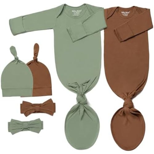 Newborn Baby Knotted Gown, Ultra-Soft Infant Sleeper Coming Home Outfit with Hat, Bowknot (2 Packs)