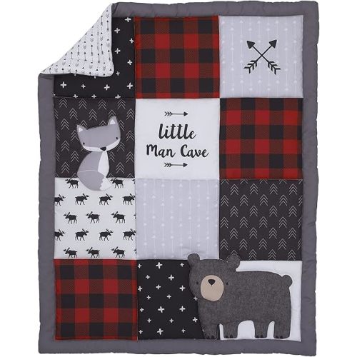 Little Love by NoJo Little Man Cave Grey, Red, Black and Ivory, Bear, Fox, Moose, Buffalo Check and Arrows Rustic 3 Piece Nursery Mini Crib Set - Comforter and Two Fitted Mini Crib Sheets