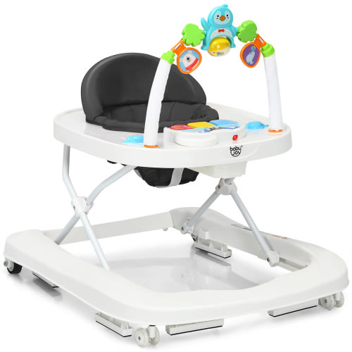 Free Shipping! Babyjoy 2-in-1 Foldable Baby Walker with Adjustable Heights & Detachable Toy Tray Grey