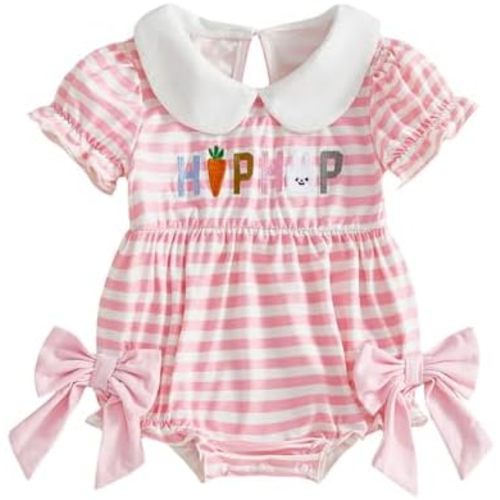 Easter Baby Girl Outfit Bunny Embroidery Onesie Bubble Romper Short Sleeve Bow Jumpsuit Cute Easter Clothes