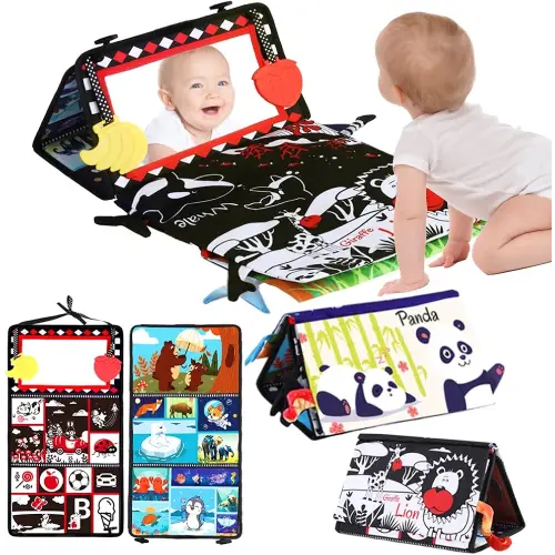 Baby Toys 0-6 Months - 15 Inch Tummy Time Toys with Soft Cloth Book & Teethers & Baby Mirror Toys, High Contrast Baby Toys for Newborn, Montessori Infant Sensory Toys for Baby Boy Girl Activity Gifts