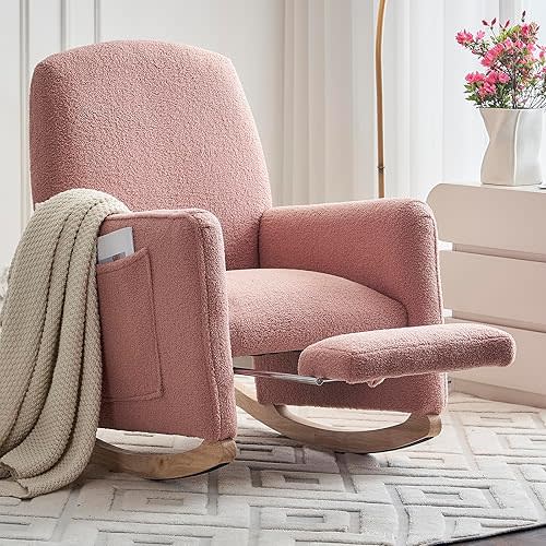 Modern Rocking Chair Nursery, Comfy Glider Nursery Chair with Foot Rest, Upholstered Rocker with Pocket, Accent Reading Armchair with Solid Wood Base for Living Room, Bedroom, Lounge Room (Pink)
