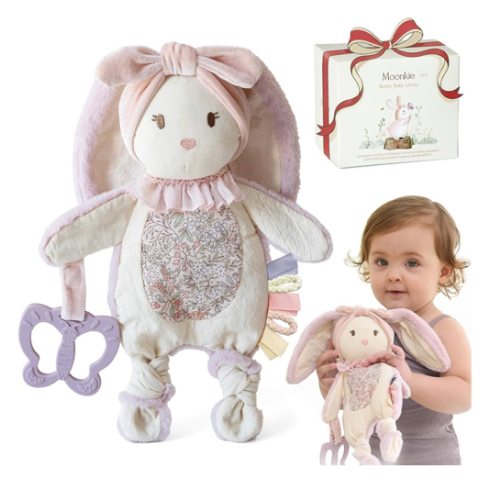 Moonkie Baby Lovey with Silicone Teether, Bunny Security Blanket with Textured Ribbons, Crinkle Toys, Soft Minky Velour & Natural Cotton, Newborn Girl Gift for Baby Shower or Birthday