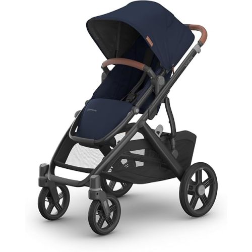 UPPAbaby Vista V3 Stroller - Full-Size Single-to-Double Stroller System - Toddler Seat, Bug Shield, Rain Shield, and Storage Bag Included - Noa (Navy/Carbon Frame/Saddle Leather)