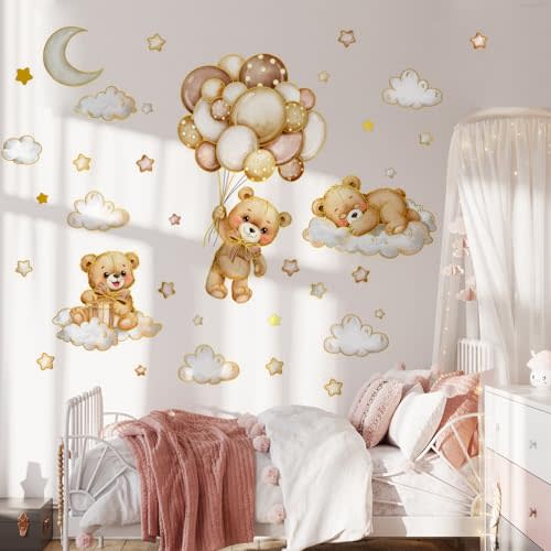 Cartoon Bear Wall Decal Sleeping Bear on The Moon Cloud Wall Stickers Peel and Stick Clings for Kids Baby Nursery Bedroom Toddler Room Kindergarten Decortion