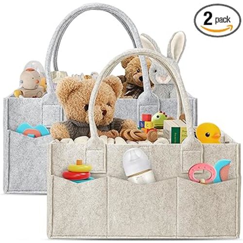 HIPHOP PANDA 2-Pack Diaper Caddy Organizer - Nursery Storage Bin & Car Organizer for Diapers, Wipes, and Baby Essentials - Dual-Color Solid Set (Grey/Oatmeal), Regular Size