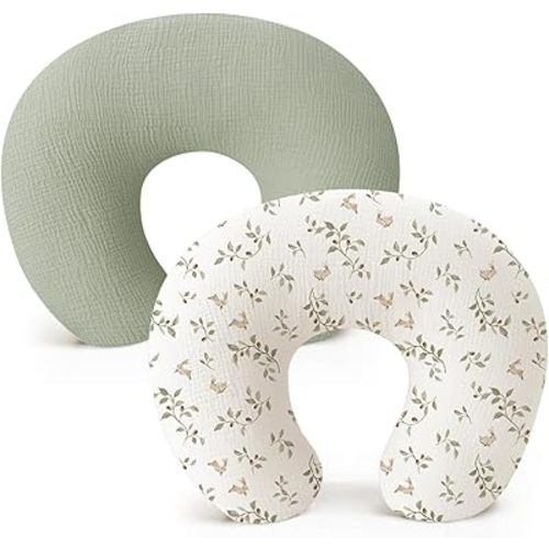 Konssy Muslin Nursing Pillow Covers, Soft and Cute Nursing Covers for Breastfeeding Pillows, Ideal for Newborn Baby Boys and Girls (Fog Green, Sprout) - 2 Pack